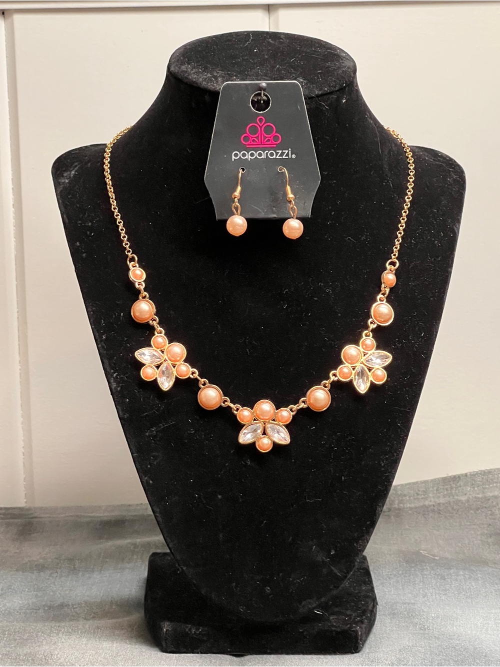 Paparazzi Peach Pearl Floral Bib Necklace and Earrings